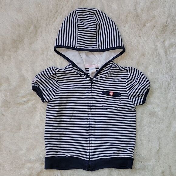 JANIE AND JACK NAVY BLUE & WHITE STRIPED SHORT- SLEEVE HOODIE, SIZE 12-18 MONTHS - Picture 1 of 7